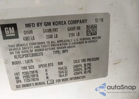 2020 Chevrolet Trax Awd Lt z USA, uszkodzony, nr VIN KL7CJPSB7LB085376